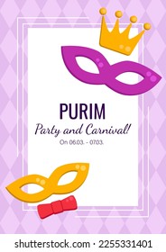 Purim Holiday invitation with copy space and two masks on purple background. Vector card, greeting, announcement of party and carnival.