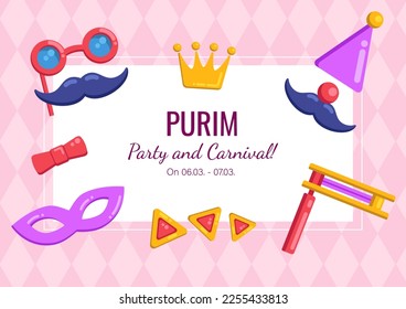 Purim Holiday invitation with copy space and masks, crown, hamantaschen and beanbag on purple background. Vector card, greeting, announcement of party and carnival.