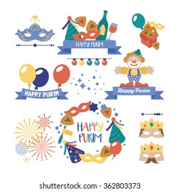 Purim holiday logo design with flat elements. Vector illustration