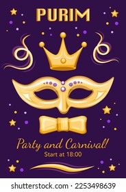 Purim holiday, Mardi Gras masquerade or other carnival poster, template, invitation, greeting with crown, mask and bow tie. Vector banner, illustration with confetti on the background.