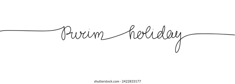 Purim Holiday one line continuous text banner for holiday. Handwriting line art inscription Purim Holiday. Hand drawn vector art.