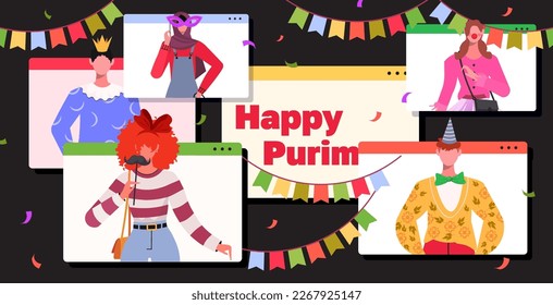 Purim holiday party. People in carnival costume having video call or video conference to celebrate online holiday and Purim party. Happy friends on video chat. Flat vector illustration