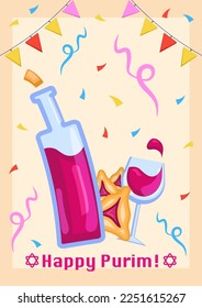 Purim holiday poster with vector red wine, hamantaschen cookies and confetti, party banner for jewish Purim holiday, celebration poster.