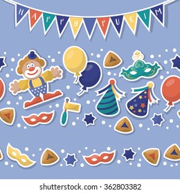 Purim holiday seamless border pattern design with stickers. Vector illustration