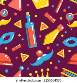 Purim holiday seamless pattern for gifts wrapping, prints, fabrics with party elements, clown's mustache and nose, wine, carnival mask, sweet cookies, ties, funny glasses.