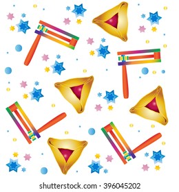 Purim holiday seamless pattern. Toy noise maker grogger and traditional hamantaschen triangles cookies on white, for Purim celebration, Jewish Holiday. Vector purim ratchet, purim rattle, baby toys