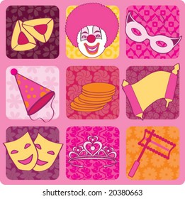 PURIM ICONS AND GRAPHIC DESIGN ELEMENTS. For cards, posters, stickers, labels, brochures, printables, blog etc. Vector illustration file.