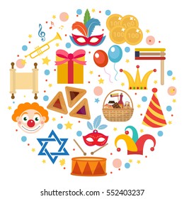 Purim-Symbole in runder Form, einzeln auf weißem Hintergrund. Vektorgrafik-Clipart