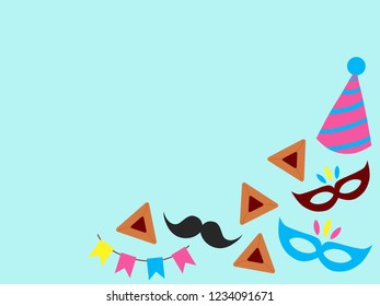 Purim illustrations in flat design. Copy space. Vector elements of holiday.