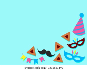 Purim illustrations in flat design. Copy space. Vector elements of holiday.