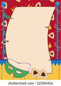 Purim Invitation A vector illustration of a blank scroll, mask and Hamantachen on a decorative background.Eps10
