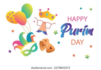 Purim Jewish holiday banner design with hamantaschen cookies, with masks and traditional props. Vector illustration. happy purim day	