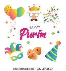 Purim Jewish holiday banner design with hamantaschen cookies, with masks and traditional props. Vector illustration. happy purim day	