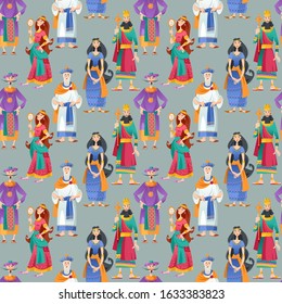 Purim. Jewish holiday. Book of Esther characters and heroes. Seamless background pattern. Vector illustration