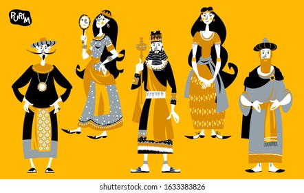 Purim. Jewish holiday. Book of Esther characters and heroes: Achashveirosh, Mordechai, Esther, Haman, Vashti. Vector illustration