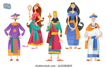 Purim. Jewish holiday. Book of Esther characters and heroes: Achashveirosh, Mordechai, Esther, Haman, Vashti. Vector illustration