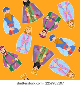 Purim. Jewish holiday. Book of Esther characters and heroes: Achashveirosh, Mordechai, Esther, Haman, Vashti. Seamless background pattern. Vector illustration  

