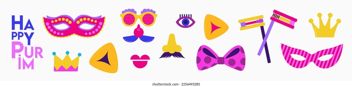 Purim, Jewish holiday. Funfair funny costume accessories, carnival mask and carnival and birthday party elements.