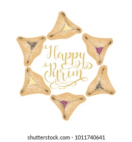 Purim Jewish Holiday poster with stars of David, traditional Hamantaschen cookies, Vector