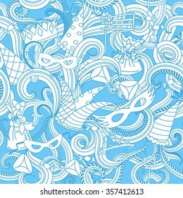 Purim Jewish holiday seamless pattern. Blue color background with carnival masks and hats, holiday gifts, candy and  traditional  cookies. Vector illustration.