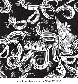 Purim Jewish holiday seamless pattern. Black and white background with carnival masks and hats, holiday gifts, candy and  traditional  cookies. Vector illustration.