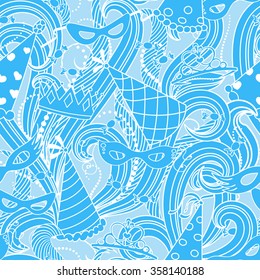 Purim Jewish holiday seamless pattern. Blue color background with carnival masks and hats, holiday gifts, candy and  traditional  cookies. Vector illustration.