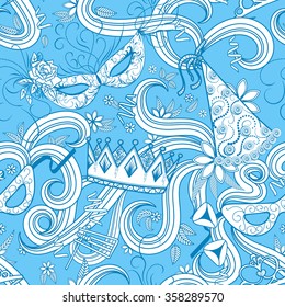 Purim Jewish holiday seamless pattern. Blue color background with carnival masks and hats, holiday gifts, candy and  traditional  cookies. Vector illustration.