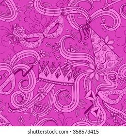 Purim Jewish holiday seamless pattern. Pink color background with carnival masks and hats, holiday gifts, candy and  traditional  cookies. Vector illustration.