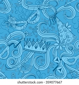 Purim Jewish holiday seamless pattern. Blue color background with carnival masks and hats, holiday gifts, candy and  traditional  cookies. Vector illustration.