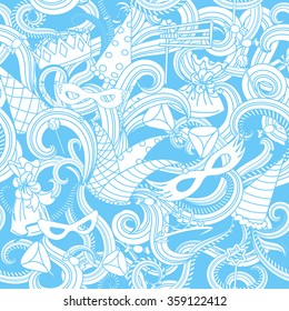 Purim Jewish holiday seamless pattern. Blue color background with carnival masks and hats, holiday gifts, candy and  traditional  cookies. Vector illustration.