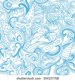 Purim Jewish holiday seamless pattern. Blue color background with carnival masks and hats, holiday gifts, candy and  traditional  cookies. Vector illustration.