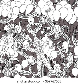 Purim Jewish holiday seamless pattern. Black and white background with clowns, balloons, carnival masks and hats,  candy and  traditional  cookies. Vector illustration.