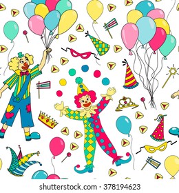 Purim Jewish holiday seamless pattern. Colorful background with clowns, balloons, carnival masks and hats,  candy and  traditional  cookies. Vector illustration.