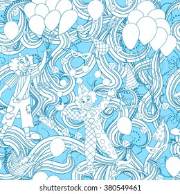Purim Jewish holiday seamless pattern. Purim background with clowns, balloons, carnival masks and hats,  candy and  traditional  cookies. Vector illustration.