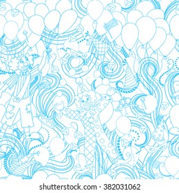 Purim Jewish holiday seamless pattern. Purim background with clowns, balloons, carnival masks and hats,  candy and  traditional  cookies. Vector illustration.