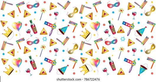 Purim jüdischer Urlaub nahtloses Muster traditionelle Purim-Symbole, Lärmpeaker, Masque, Gragger, Hamantaschen-Kekse, Kronen, Sterndavid, Clown, Festival-Dekoration, karnevaler Vektorhintergrund