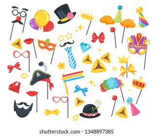 Purim Jewish holiday set of design decoration elements and props. Vector illustration isolated on white background.