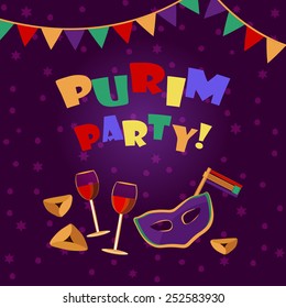 Purim, Jewish spring holiday, party invitation. Purim greeting card / poster vector template. Purim traditional sweets, noisemaker, mask, wine glasses, flags. Sample text. Layered, editable,