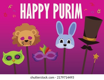 Purim Lesser Jewish Festival Card Or Poster Mockup With Masks, Flat Vector Illustration. Happy Purim Postcard Or Banner Design For The Jewish Holiday.