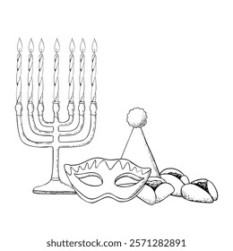 Purim masquerade and carnival symbols and menorah with candles black and white vector illustration with mask, party cone and hamantaschen cookies. Hand drawn line sketch for kids Purim coloring book