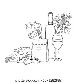 Purim Mishloach manot, with traditional pastry, drink and gifts black and white vector illustration with hamantaschen cookies, raashan, masks and sparklers. Hand drawn line sketch for coloring book