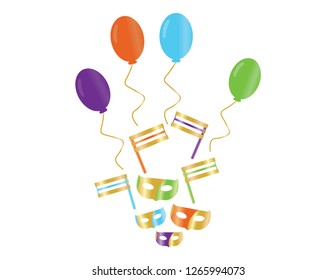 Purim party background, Balloons, Groggers and masks