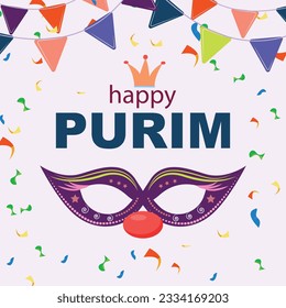 Purim party banner with a mask and crown. For cards, invitations, flyers, backgrounds. 
