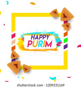 Purim Party celebration greeting card design with hamantaschen cookies on white abstract background.