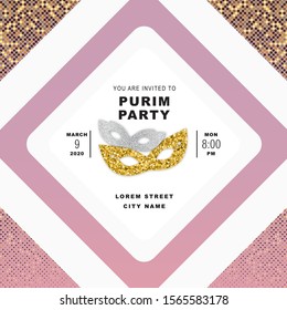 Purim party invitation card, traditional purim celebration. Silver, gold carnival masks made of glitter, geometric shapes background with halftone effect, carnival decoration graphic design elements. 