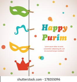 Purim party invitation with hanging masks and crown