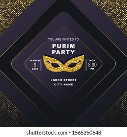 Purim Party, jewish celebration party invitation, vector illustration. Carnival mask made of gold glitter, golden halftone background, text, festive carnival background, party invitation design.