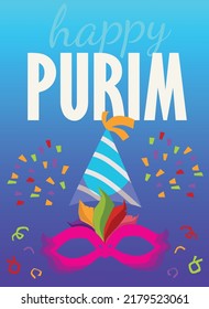Purim party poster or holiday greeting card template flat vector illustration. Banner or poster design for Purim spring traditional Jewish carnival or festival.