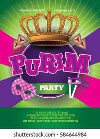 Purim Poster Design. For Your Holiday Celebration At A Bar, Restaurant, Nightclub Or Other Venue. EPS 10 Vector. 