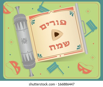 Purim Scroll In Hebrew - An open scroll with Hebrew text of Happy Purim on it. Eps10